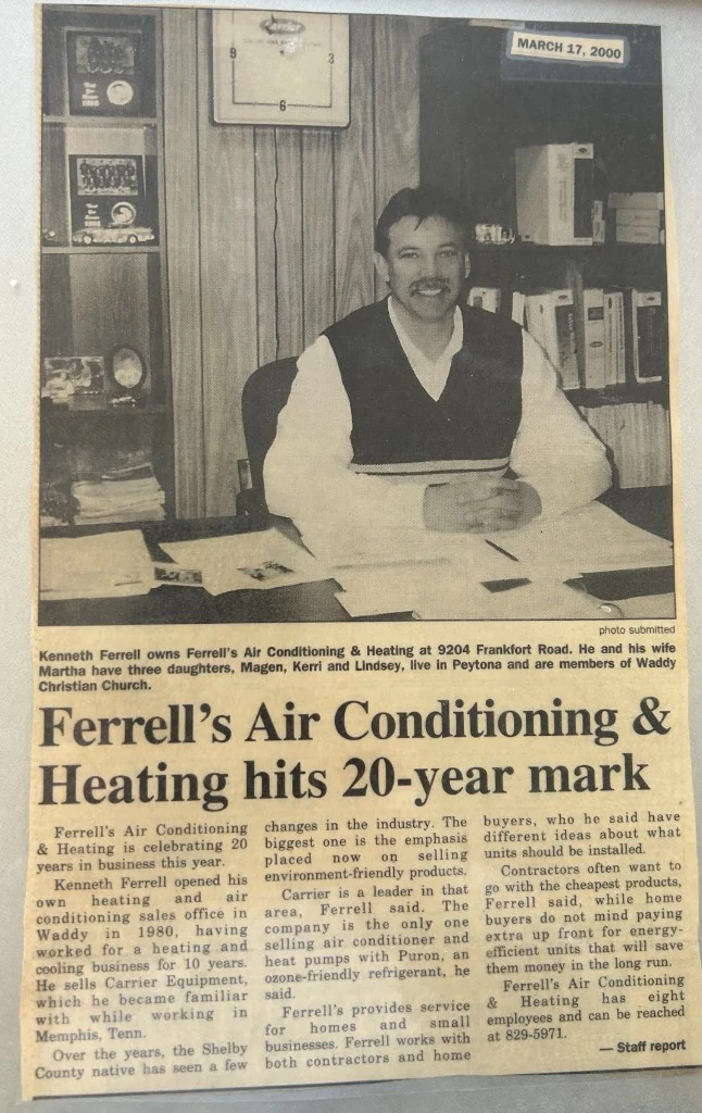 Shelby County newspaper clipping marking Ferrell's 20th anniversary